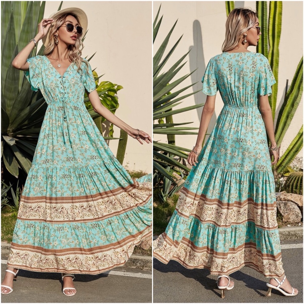 Floral print v neck lace up ruffle hem maxi dress - Picture 3 of 7